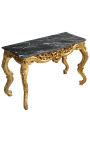 Console de style baroque Louis XV Rocaille en bois doré et marbre noir