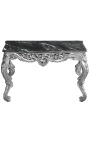 Console de style baroque Louis XV Rocaille en bois argenté et marbre noir