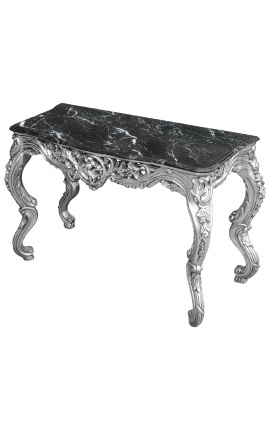 Consolle in stile barocco Luigi XV Rocaille in legno argentato e marmo nero