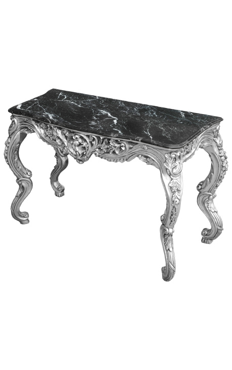 Console estilo barroco Louis XV Rocaille em madeira prateada e mármore preto