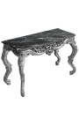 Console de style baroque Louis XV Rocaille en bois argenté et marbre noir