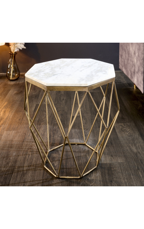 Octagonaal "Diamant" side tafel met witte marmer top en brass-kleur metaal