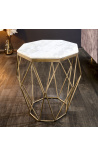Mesa de apoio octogonal Diamo com tampo em mármore branco e metal na cor latão