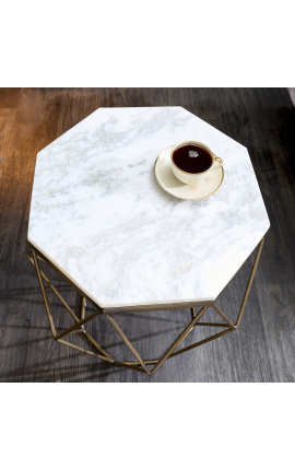 Octagonal &quot;Diamo&quot; oldalas asztal fehér márvány tetejével és brasszal-színes fém