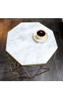 Mesa de apoio octogonal "Diamo" com tampo em mármore branco e metal na cor latão