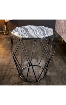 Oktagonal "Diamo" sidbord med grå marmor och svartfärgat metall
