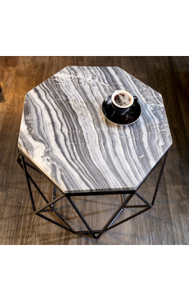 Mesa lateral &quot;Diamo&quot; octogonal com tampo em mármore cinza e metal preto