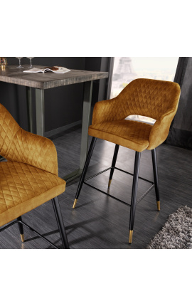 Set of 2 bar chairs "Madrid" design in yellow velvet mustard