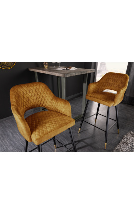 Ensemble de 2 chaises de bar &quot;Madrid&quot; design en velours jaune moutarde