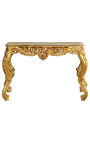 Console de style baroque Louis XV Rocaille en bois doré et marbre beige