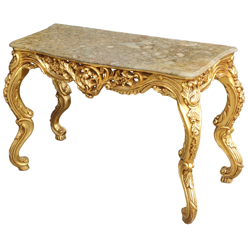 Console barocca Louis XV Legno dorato rocaille e marmo beige
