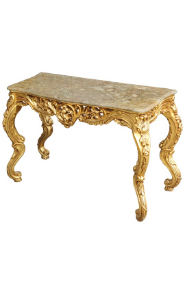 Konsol Barock Louis XV Rocaille förgyllt trä och beige marmor