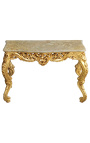 Console de style baroque Louis XV Rocaille en bois doré et marbre beige