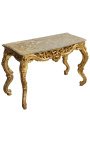 Console de style baroque Louis XV Rocaille en bois doré et marbre beige