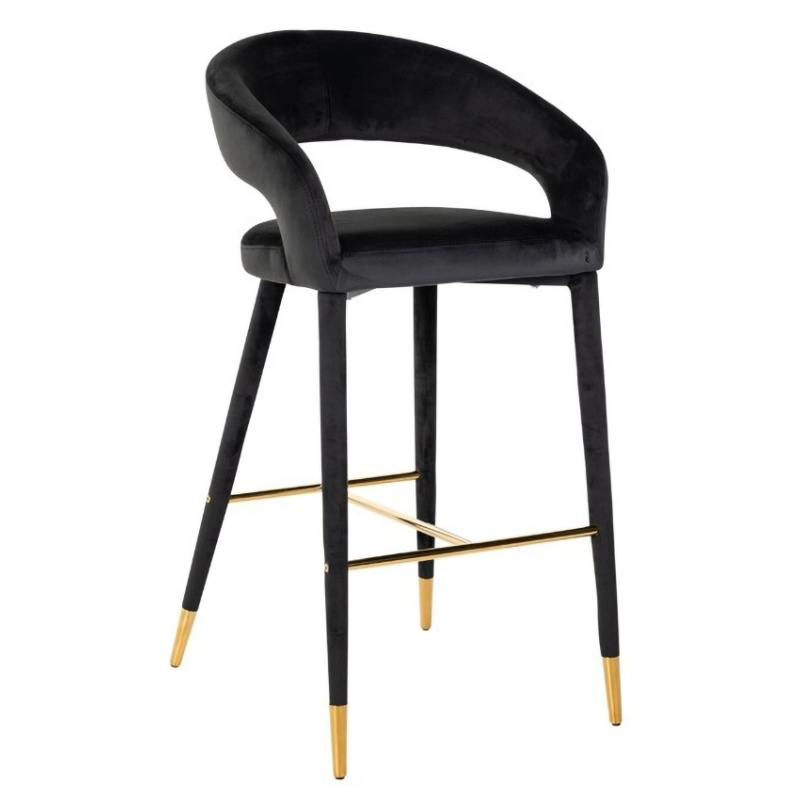 Chaise de bar design, pieds métal noir, revêtement velours noir, 76cm