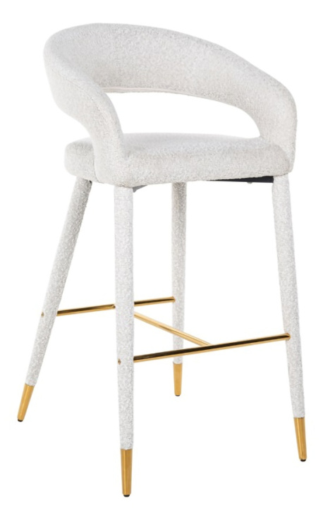Cadira de bar disseny "Siara" de teixit bouclé blanc amb potes daurades