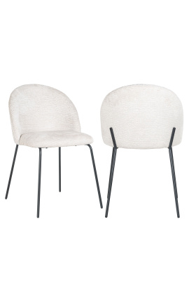 Chaise de repas "Alia" design tissu blanc bouclé avec pieds noirs