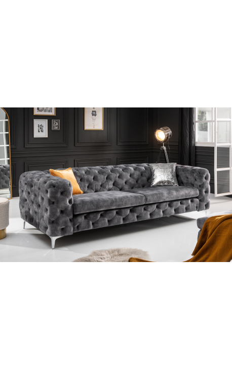 Canapé 3 places "Rhea" design Art Deco Chesterfield en velours gris