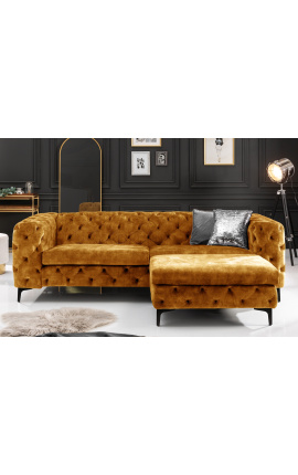 Arte Deco Chesterfield diseño Ñandú sofá de 3 asientos en terciopelo mostaza