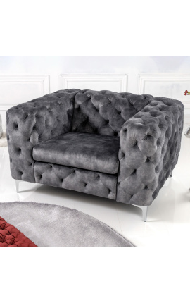 Cadeira de braço "Rhea" arte Deco Chesterfield design em veludo cinza