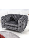 Armstoel Rhea design Art Deco Chesterfield in grijze velvet