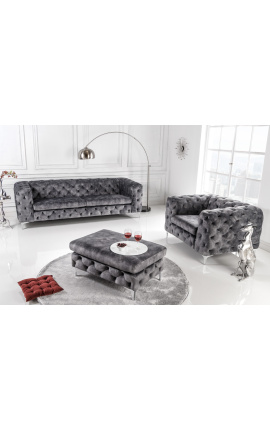 Canapé 3 places &quot;Rhea&quot; design Art Deco Chesterfield en velours gris