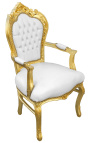 Fotoliu în stil baroc rococo din piele artificială albă cu cristal și lemn aurit