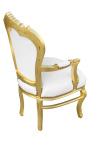 Fotoliu în stil baroc rococo din piele artificială albă cu cristal și lemn aurit