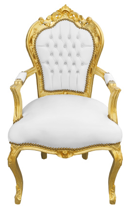 Nojatuoli barokkirokokootyylistä valkoista keinonahkaa strassilla ja kultapuulla