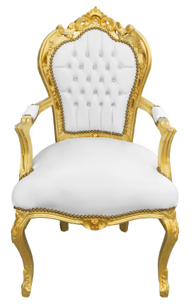 Sillón barroco de estilo rococo blanco con piedras preciosas y madera de oro