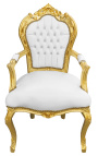 Barokinis rokoko stiliaus fotelis dirbtinės baltos odos su krištolu ir paauksuota mediena