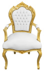 Poltrona Baroque Rococò in stile bianco in similpelle con strass e legno d'oro - 1