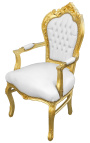 Sessel im Barock-Rokoko-Stil aus weißem Kunstleder mit Kristall und vergoldetem Holz