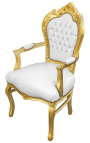 Silla de estilo barroco Rococo elegante piel blanca con cristal y madera dorada