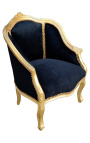 Bergere fotoliu Louis XV stil negru catifea si lemn de aur - 14