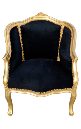 Bergère tecido estilo louis XV veludo preto e madeira dourada