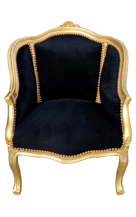 Fotoliu Bergere stil Louis XV catifea neagra si lemn auriu