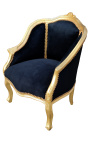 Bergere-Sessel im Louis-XV-Stil aus schwarzem Samt und goldenem Holz
