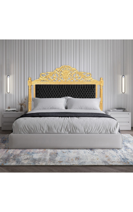 Barock Bett Kopfteil schwarz Samt Stoff und Gold Holz