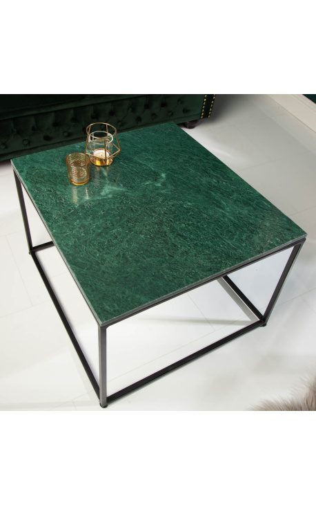 Table basse carrée "Keigo" en métal noir et plateau marbre vert