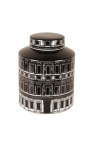Cylindrische pot met "Het paleis" lid in zwart en wit emaleerd porcelain