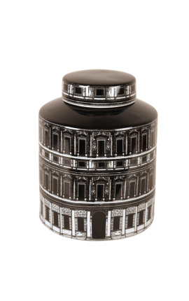 Cylindrical pot with "Palace" lid in black and white enameled porcelain