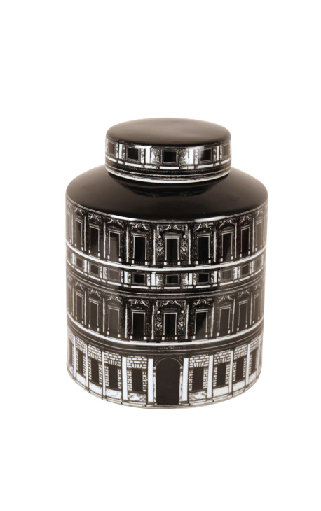 Cylindrisk pot med "Palass" ledd i svart og hvitt emalert porselen