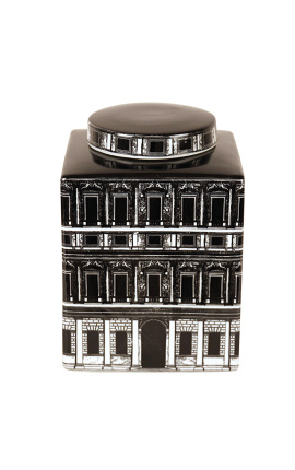 Pot carré avec couvercle "Palace" en porcelaine émaillé noir et blanc