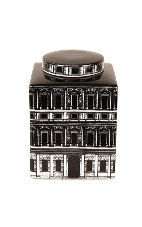 Pote quadrado com tampa "Palácio" em porcelana esmaltada preta e branca
