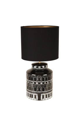 "Palace" cylindrical lamp base in black and white enameled porcelain