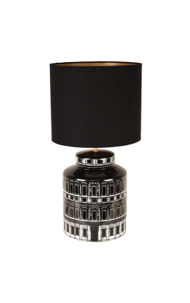 Pied de lampe cylindrique "Palace" en porcelaine émaillé noir et blanc