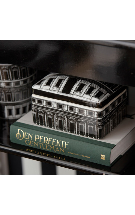 Rectangulaire doos met &quot;Het paleis&quot; lid in zwart en wit emaleerd porcelain