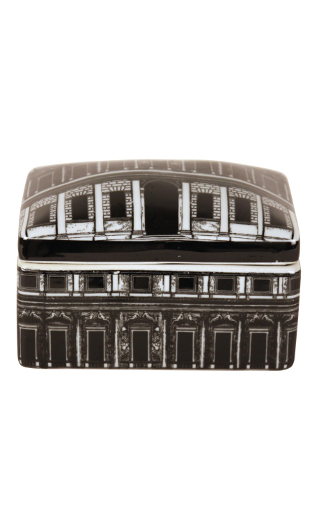 Rektangulär låda med "Palace Palace" led i svart och vit emaljerad porslin