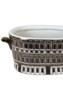 Oval Vase / planten grootte M "Het paleis" in zwart en wit emaleerd porcelain
